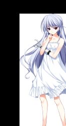 1girl absurdres bare_shoulders barefoot closed_mouth collarbone dress flat_chest full_body fumio_(ura_fmo) game_cg grey_hair grisaia_(series) grisaia_no_rakuen hand_on_own_chin highres kazami_kazuki long_hair looking_at_viewer mechanical_arms non-web_source official_art red_eyes single_mechanical_arm sleeveless sleeveless_dress smile solo sprite_art standing stroking_own_chin sundress swept_bangs tachi-e transparent_background variant_set very_long_hair white_dress
