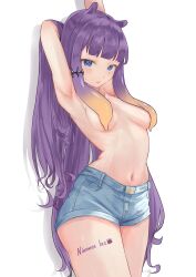 Rule 34 | 1girl, armpits, arms up, blue eyes, blue shorts, breasts, denim, denim shorts, gradient hair, hair over breasts, highres, hololive, hololive english, long hair, medium breasts, multicolored hair, navel, ninomae ina&#039;nis, orange hair, purple hair, short shorts, shorts, solo, tentacle hair, user dwfx8458, virtual youtuber