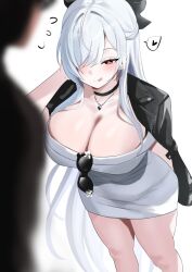 1boy 1girl black_choker black_jacket breasts choker cinderella_(beautiful_me)_(nikke) cinderella_(nikke) cleavage dongtan_dress dress eyewear_hang goddess_of_victory:_nikke grey_dress heart highres jacket jacket_on_shoulders jewelry large_breasts long_hair meme_attire necklace official_alternate_costume red_eyes redi_(rasec_asdjh) simple_background spoken_heart sunglasses unworn_eyewear very_long_hair white_background white_hair
