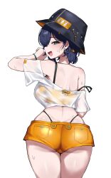 1girl absurdres ass belle_(zenless_zone_zero) bikini bikini_under_shorts blue_hair bucket_hat commentary cowboy_shot from_behind green_eyes hahyaha hat highres looking_at_viewer looking_back official_alternate_costume orange_bikini orange_shorts see-through_clothes see-through_shirt shirt short_hair short_shorts shorts simple_background solo swimsuit symbol-only_commentary thighs white_background white_shirt zenless_zone_zero