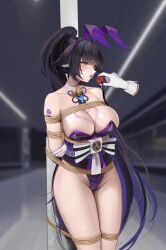 1girl absurdres animal_ears arms_behind_back awaji azur_lane ball_gag barcode barcode_tattoo black_hair blue_hair blush bound bound_arms bound_legs breast_bondage breasts cleavage colored_inner_hair commentary detached_collar disembodied_hand english_commentary facial_mark fake_animal_ears floppy_ears fox_ears fox_girl gag gloves high_ponytail highleg highleg_leotard highres holding_gag large_breasts leotard long_hair multicolored_hair musashi_(azur_lane) musashi_(the_purple_rabbit&#039;s_marksmanship)_(azur_lane) official_alternate_costume official_alternate_hairstyle playboy_bunny ponytail purple_leotard purple_trim rabbit_ears restrained shibari shibari_over_clothes shoulder_tattoo solo standing strapless strapless_leotard tattoo tongue tongue_out very_long_hair whisker_markings white_gloves wiffle_gag yellow_eyes