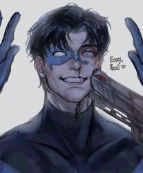 Rule 34 | 2boys, batman (series), batman symbol, black bodysuit, black hair, blue bodysuit, blue eyes, blue mask, bodysuit, coquetteleon, dc comics, dick grayson, domino mask, gloves, gun, handgun, highres, holding, holding gun, holding weapon, jason todd, jason todd (teen titans), large pectorals, male focus, mask, multiple boys, muscular, muscular male, nightwing, pectorals, pov, short hair, simple background, smile, superhero costume, two-tone bodysuit, weapon, western comics (style)