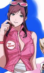 1boy 1girl ace_attorney alternate_costume amikoiiko apollo_justice:_ace_attorney badge blonde_hair blue_background blue_eyes breast_pocket brown_hair button_badge copyright_name cropped cropped_arm dark-skinned_male dark_skin denim dress_shirt ema_skye eyewear_on_head fingernails food half_updo hand_on_own_knee highres holding holding_food initial jeans karintou klavier_gavin light_smile long_hair long_sleeves looking_at_viewer middle_ring mismatched_eyebrows pants partially_unbuttoned pink_background pink_shirt pocket shirt simple_background skirt sleeveless sleeveless_shirt sternocleidomastoid_muscle sunglasses three-toned_background tinted_eyewear watch white_background white_shirt white_skirt wristwatch