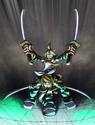 1boy 1girl blonde_hair brother_and_sister detached_sleeves dual_wielding green_eyes highres holding kagamine_len kagamine_rin raichi_(litchixlitchi) siblings sword twins vocaloid weapon yamaha