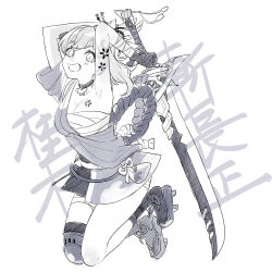 1girl arm_tattoo armpits arms_up bandages chest_sarashi cleavage_cutout clothing_cutout genshin_impact geta greyscale grin highres holding holding_sword holding_weapon japanese_clothes katsuragikiri_nagamasa_(genshin_impact) kimono looking_at_viewer monochrome sarashi short_hair short_kimono single_bare_shoulder single_sleeve smile socks solo sword tamaya_yoi tattoo thighs weapon yoimiya_(genshin_impact)