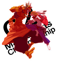 2boys abs barefoot blonde_hair blue_pants eye_contact full_body furry furry_male grin jacket king_kazma looking_at_another love_machine male_focus multiple_boys open_clothes open_jacket pants pectorals rabbit_boy red_jacket simple_background smile summer_wars toned toned_male topless_male white_background yow