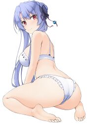 1girl ass barefoot blue_hair blush bra braid closed_mouth commentary_request crown_braid feet from_behind hair_between_eyes hair_ribbon hinata_masaki long_hair panties red_eyes red_ribbon ribbon sidelocks simple_background sitting smile solo sorakado_ao summer_pockets thighs toes underwear underwear_only white_background white_bra white_panties