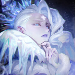 1girl asymmetrical_bangs blue_background blue_eyes colored_eyelashes commentary_request cookie_run cookie_run:_kingdom curly_hair dress facial_mark fingernails forehead_mark frost_queen_cookie fur-trimmed_sleeves fur_trim hair_behind_ear hair_ornament hand_on_own_chin highres humanization icicle kogseu korean_commentary light_particles long_sleeves looking_at_viewer pointy_ears portrait purple_lips realistic side_part sideways_glance snowflake_hair_ornament solo supportasse white_dress white_hair