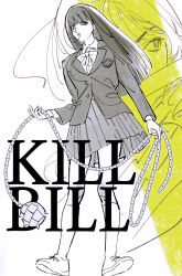 1girl ball_and_chain_(weapon) black_hair chewing_gum commentary english_commentary english_text full_body greyscale highres holding holding_weapon kill_bill long_hair monochrome pankepen pleated_skirt ribbon school_uniform simple_background skirt weapon yuubari_gogo
