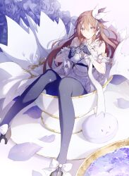1girl absurdres asahi_tsujino black_gloves blue_eyes blue_flower blue_rose blush breasts brown_hair commentary cup dress flower frills gloves hair_between_eyes hair_ornament hair_ribbon hairclip heart heart_hands high_heels highres hololive in_container in_cup long_hair looking_at_viewer one_side_up ribbon rose sitting sleeveless smile solo sparkle star_(symbol) star_hair_ornament teacup tokino_sora virtual_youtuber white_dress white_ribbon