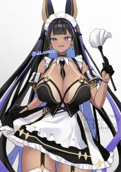 1girl absurdres azur_lane black_garter_straps black_gloves black_hair blush breasts cleopatra_(azur_lane) dark-skinned_female dark_skin earrings garter_straps gloves hand_up highres huge_breasts jewelry long_hair looking_at_viewer maid maid_headdress multicolored_hair open_mouth purple_hair shi_nasuzu simple_background solo star-shaped_pupils star_(symbol) streaked_hair symbol-shaped_pupils tan tanline very_long_hair watermark white_background