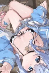 1girl absurdres anchor_(innocent_maid)_(nikke) anchor_(nikke) bikini black_bikini black_choker blue_eyes blue_hair blue_jacket blush breasts choker frilled_bikini frills full_body gloomyowl goddess_of_victory:_nikke highres jacket long_hair long_sleeves looking_at_viewer maid maid_bikini medium_breasts mixed-language_commentary navel partially_unzipped pink_sandals sandals solo starfish swimsuit unconventional_maid