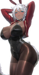 Rule 34 | 1girl, absurdres, animal ears, arms behind head, black leotard, blue eyes, braid, breasts, brown pantyhose, cleavage, commentary, commission, dark-skinned female, dark skin, english commentary, fake animal ears, highres, jacket, large breasts, leotard, long sleeves, looking at viewer, monegi, original, pantyhose, pixiv commission, playboy bunny, rabbit ears, rabbit tail, red jacket, simple background, solo, tail, white background