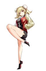 1girl absurdres alternate_costume black_dress black_shoes blonde_hair bun_cover burnice_white china_dress chinese_clothes commentary double_bun dragon_print dress hair_bun hands_in_pockets hashtag-only_commentary highres jacket looking_at_viewer mandarin_collar multicolored_jacket open_clothes open_jacket ppangchil red_eyes shoes simple_background solo standing standing_on_one_leg tiptoes twintails two-tone_jacket white_background zenless_zone_zero