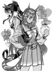 2girls absurdres animal_ears blush bow bowtie closed_mouth commentary_request fang fang_out gift gift_bag greyscale hair_between_eyes hand_on_own_hip heart_tail_duo highres hishi_amazon_(umamusume) holding holding_gift horse_ears horse_girl horse_tail long_hair long_sleeves monochrome multiple_girls narita_brian_(umamusume) ni_kogori ponytail rope sailor_collar school_uniform shimenawa skirt tail tracen_school_uniform translation_request umamusume yuri