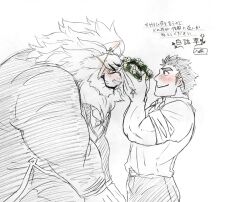 2boys animal_ears bara black_pants black_suit blush closed_mouth commentary_request formal_clothes from_side furry furry_male head_wreath irurahiko lion_boy lion_ears lion_mane looking_at_another male_focus monocle multiple_boys muscular muscular_male pants profile protagonist_3_(housamo) shirt signature sleeves_rolled_up smile snow_(housamo) star_(symbol) suit tokyo_houkago_summoners traditional_media translation_request whiskers white_background white_shirt yaoi