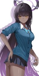 1girl ahoge ass awa_(awao141) black_hair black_skirt blue_archive blue_cardigan blush breasts cardigan closed_mouth collared_shirt colored_inner_hair commentary_request cowboy_shot dark-skinned_female dark_skin gradient_hair hair_intakes halo highres karin_(blue_archive) karin_(school_uniform)_(blue_archive) large_breasts long_hair miniskirt multicolored_hair open_collar pleated_skirt purple_hair purple_halo school_uniform shirt signature skirt solo thighs very_long_hair yellow_eyes