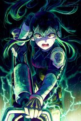 Rule 34 | 1girl, absurdres, armor, artist name, ashiro mina, black hair, bodysuit, commentary, da haebit, hair between eyes, highres, holding, holding weapon, kaijuu no. 8, mole, mole under eye, open mouth, ponytail, red eyes, shoulder armor, sidelocks, solo, teeth, twitter username, veiny face, weapon