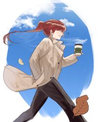 1girl cloud coat dan_koflove earrings female_focus jewelry leaf long_hair long_sleeves musical_note outdoors pale_skin pants ponytail red_hair shermie_(kof) standing the_king_of_fighters thighs walking wind