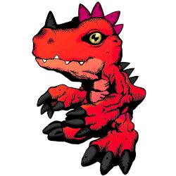Rule 34 | agumon, claws, colored skin, digimon, digimon (creature), digimon world re:digitize decode, horns, looking at viewer, red skin, sharp teeth, simple background, tail, teeth, third-party edit, vilmondigibits, white background, yellow eyes