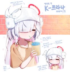 1girl absurdres blue_archive braid brown_shirt closed_eyes closed_mouth colored_inner_hair cup dot_mouth drinking drinking_straw flat_chest grey_hair hair_over_one_eye halo highres holding holding_cup korean_text long_hair multicolored_hair multiple_views pink_hair plana_(blue_archive) raglan_sleeves red_halo romaji_commentary shirt short_sleeves side_braid single_braid sorakumo translation_request two-tone_hair