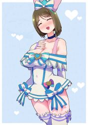 Rule 34 | 1girl, blue background, blue bow, blue choker, blue hairband, blunt ends, blush, bow, brooch, brown hair, choker, closed eyes, commentary, cosplay, crown, cure nyammy, cure nyammy (cosplay), dress, hairband, heart, heart brooch, highres, jewelry, mini crown, nekoyashiki sumire, off shoulder, precure, ryuuta (cure ryuuta), short hair, smile, thighhighs, white dress, wonderful precure!