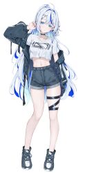 1girl ahoge alternate_costume aokumo_rin arm_up black_choker black_jacket blue_eyes blue_hair blue_shorts boots breasts choker closed_mouth colored_eyelashes crop_top crop_top_overhang denim denim_shorts expressionless full_body ha_en hair_ornament hairclip hashtag-only_commentary highres jacket long_hair long_sleeves looking_at_viewer midriff multicolored_hair navel off_shoulder open_clothes open_jacket ponytail shirt short_shorts short_sleeves shorts simple_background small_breasts solo standing stellive stomach streaked_hair thigh_strap thighs two-tone_hair very_long_hair virtual_youtuber white_background white_eyelashes white_hair white_shirt