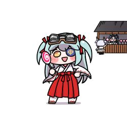 3girls alterkero alternate_costume alvis_(last_origin) aqua_hair black_pantyhose blue_eyes blush_stickers candy chibi cosplay eyepatch eyewear_on_head food hakama highres japanese_clothes kosode last_origin lollipop looking_at_viewer lrl_(last_origin) miko multiple_girls pantyhose sengoku_ace simple_background smile swirl_lollipop togashi_koyori two_side_up white_hair winter_clothes yellow_eyes
