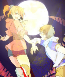 1boy 1girl amamiya_hibiya blonde_hair blush brown_hair closed_eyes full_moon happy hibiya_(kagerou_project) hood hoodie kagerou_project kisaragi_momo long_hair moon naiko otsukimi_recital_(vocaloid) short_hair shorts side_ponytail smile vocaloid