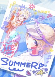 Rule 34 | 3girls, absurdres, ben-day dots, blonde hair, blush, drawn crown, drawn heart, drawn sun, english text, food, highres, holding, holding food, holding ice cream, hololive, hololive dev is, holonatsu paradise, ice cream, ice cream cone, ichijou ririka, ichijou ririka (holonatsu paradise), looking at viewer, multiple girls, one eye closed, open mouth, otonose kanade, otonose kanade (holonatsu paradise), piita, purikura, screentones, shirt, short hair, short sleeves, skirt, smile, todoroki hajime, todoroki hajime (holonatsu paradise), twitter username, visor cap, white shirt