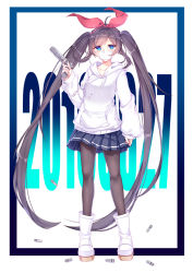 1girl absurdly_long_hair black_hair black_pantyhose blue_eyes blush boots collarbone female_focus gun hairband handgun holding holding_gun holding_weapon hood hoodie kan_(rainconan) long_hair looking_at_viewer mask mouth_mask original pantyhose pink_ribbon pistol ribbon shells solo surgical_mask twintails very_long_hair weapon