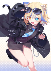 Rule 34 | 1girl, :d, animal ear fluff, animal ears, black jacket, blonde hair, blue eyes, blue hair, character request, copyright request, deadnooodles, eyewear on head, heterochromia, highres, jacket, looking at viewer, multicolored hair, open mouth, polka dot, polka dot background, smile, solo, sunglasses, yellow eyes