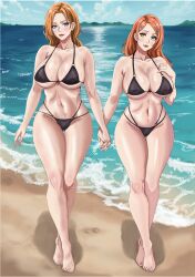 2girls absurdres alternate_eye_color bare_shoulders barefoot beach bikini bleach blue_eyes breasts cleavage collarbone highres holding_hands inoue_orihime kffn large_breasts long_hair matsumoto_rangiku mole mole_under_mouth multiple_girls ocean orange_hair sand shiny_skin swimsuit thighs underboob