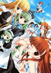 1boy 6+girls :d :p absurdres android anya_cocolova bare_shoulders barefoot bell blonde_hair blue_eyes blush boots breasts brown_eyes casual chachazero cleavage dress evangeline_a.k._mcdowell flying frilled_dress frills fujima_takuya glasses green_eyes green_hair hair_ornament heterochromia highres kagurazaka_asuna karakuri_chachamaru konoe_konoka long_hair mahou_sensei_negima! maid_headdress midriff multiple_girls negi_springfield official_art open_mouth orange_hair purple_eyes purple_hair robot_ears sakurazaki_setsuna scan short_hair shorts skirt smile staff tongue tongue_out twintails very_long_hair wink