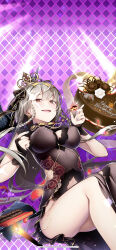 1girl :d absurdres ass bare_shoulders black_dress black_nails blush braid breasts brown_eyes cake candy capelet china_dress chinese_clothes chocolate chocolate_heart covered_erect_nipples donut dress drill_hair earrings flower food frills gem giuniu grey_hair hair_between_eyes hair_flower hair_ornament hair_ribbon headdress heart heart-shaped_food highres jewelry large_breasts legs long_hair looking_at_viewer lying morigan_raven nail_polish navel on_back open_mouth petals purple_nails ribbon rose see-through_clothes single_thighhigh smile solo thighhighs thighs tiara twin_braids twin_drills uchi_no_hime-sama_ga_ichiban_kawaii veil very_long_hair yellow_eyes