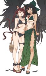2girls absurdres animal_ears basket bikini black_bikini black_hair black_wings bow braid breasts cat_ears cat_girl cat_tail fang feathers full_body green_bikini green_bow grey_nagato hair_between_eyes hair_ribbon hand_on_another&#039;s_waist height_difference highres holding holding_basket kaenbyou_rin large_breasts long_hair looking_at_another medium_breasts multiple_girls multiple_tails navel open_mouth red_eyes red_hair reiuji_utsuho ribbon side-tie_bikini_bottom smile subterranean_animism swimsuit tail tan teeth thigh_strap third_eye touhou twin_braids upper_teeth_only very_long_hair white_background wings