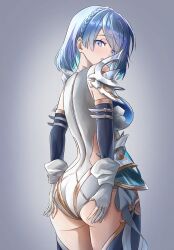 Rule 34 | 1girl, armor, artist request, ass, bare shoulders, blue eyes, blue hair, blush, breasts, dreizehn (shadowverse), embarrassed, from behind, half updo, leotard, looking at viewer, medium breasts, open mouth, shadowverse, shadowverse: worlds beyond, short hair, sideboob, solo, thick thighs, thighhighs, thighs