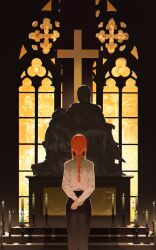 1girl absurdres altar arms_behind_back black_pants braid braided_ponytail candle chainsaw_man collared_shirt cross doris_(1349745448) formal_clothes from_behind high-waist_pants highres latin_cross looking_up makima_(chainsaw_man) office_lady pants red_hair shirt shirt_tucked_in sidelocks solo stained_glass standing statue white_shirt