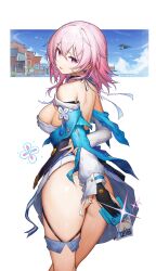 1girl :p absurdres aircraft airplane ass black_gloves blue_sky breasts cloud day detached_sleeves gloves hair_between_eyes highres holding holding_photo honkai:_star_rail honkai_(series) house jacket kiriko_(araragikoyomi) large_breasts looking_at_viewer march_7th_(honkai:_star_rail) march_7th_(preservation)_(honkai:_star_rail) partially_fingerless_gloves photo_(object) pink_hair purple_eyes short_hair simple_background single_glove sky solo thighs tied_jacket tongue tongue_out