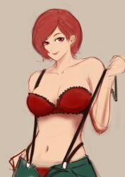 1girl breasts female_focus huge_breasts large_breasts lingerie looking_at_viewer pants reavernk red_eyes red_hair short_hair smile the_king_of_fighters underwear undressing unzipped vanessa_(kof)