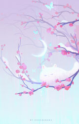 animal animal_focus artist_name blue_butterfly branch bug butterfly cat cherry_blossoms closed_eyes crescent_moon flower gradient_background highres huhv. insect moon no_humans original pink_flower white_cat