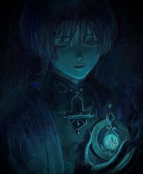 Rule 34 | 1boy, anemo symbol (genshin impact), aqua gemstone, black bodysuit, black hair, black kimono, blue theme, blunt ends, bodysuit, closed eyes, closed mouth, eyelashes, facing viewer, fingernails, gem, genshin impact, glowing gem, hand up, highres, japanese clothes, juban, kimono, male focus, mandarin collar, multicolored hair, open clothes, open hand, open kimono, portrait, purple hair, scaramouche (genshin impact), shihatsu 0, solo, streaked hair, vision (genshin impact), wanderer (genshin impact), watercolor effect