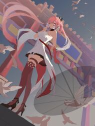 1girl absurdres architecture bare_shoulders bird breasts changli_(wuthering_waves) closed_mouth dress elbow_gloves full_body gloves high_heels highres holding holding_umbrella long_hair looking_at_viewer oil-paper_umbrella outdoors pink_hair red_eyes red_gloves red_thighhighs sky sleeveless sleeveless_dress solo thighhighs umbrella white_dress wuthering_waves zi00