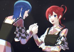 2girls absurdres black_background blue_eyes blue_hair checkered_clothes commentary_request earrings fighting_call_(love_live!) grabbing_another&#039;s_hand hair_bun hand_up hands_up highres jewelry kyoko_(akakikyoko) lapels let&#039;s_be_one_(love_live!) liella!_6th_lovelive!_tour_~let&#039;s_be_one~ long_sleeves looking_at_another love_live! love_live!_superstar!! multiple_girls notched_lapels open_mouth red_hair short_hair_with_long_locks simple_background single_hair_bun teeth upper_teeth_only wakana_shiki yoneme_mei