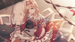 1girl angon623 blonde_hair book dress facial_hair fedora green_eyes hairband hat highres holding holding_book jewelry layla_alstroemeria long_hair mustache necklace nijisanji nijisanji_id red_dress virtual_youtuber wolf