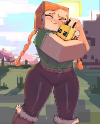 1girl alex_(minecraft) bee bee_(minecraft) belt blush boots braid breasts brown_belt brown_pants bug closed_eyes curvy freckles fur-trimmed_boots fur_trim green_shirt happy highres hug insect kashink7 knee_boots long_hair minecraft orange_hair pants shirt smile solo sweat thick_thighs thighs twin_braids
