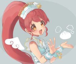 1girl :d bad_id bad_twitter_id steamed_bun brown_eyes commentary_request cropped_torso drawn_wings food hands_up idol_clothes inactive_account long_hair looking_at_viewer open_mouth ponytail pretty_series pripara red_hair shiratama_mikan shiyurinpu smile solo sun_symbol upper_body wrist_cuffs