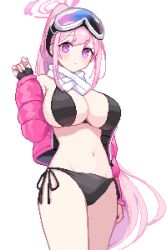 1girl bikini black_bikini blue_archive breasts cleavage closed_mouth cropped_jacket down_jacket eimi_(blue_archive) eimi_(swimsuit)_(blue_archive) goggles goggles_on_head halo hand_up jacket large_breasts long_hair looking_at_viewer navel open_clothes open_jacket pink_hair pink_halo pink_jacket pixel_art ponytail purple_eyes scarf side-tie_bikini_bottom ski_goggles solo swimsuit tinia_etru very_long_hair white-framed_eyewear white_scarf