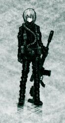 11e10 1girl absurdres ammunition_pouch aqua_theme battle_rifle blizzard boots faux_traditional_media full_body gas_mask gloves gun hair_between_eyes hair_ornament hairclip hashtag-only_commentary highres holding holding_gun holding_weapon ice jacket light_smile looking_at_viewer marie_(peripeteia) mask monochrome outdoors pants peripeteia pouch reflective_floor rifle scar scar_on_face short_hair snow snowing snowstorm solo standing unworn_mask weapon winter winter_clothes