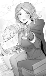 1girl absurdres blush breasts cloak cooking crayfish crustacean dress elden_ring facial_tattoo food gloves greyscale highres holding holding_food hood hooded_cloak incoming_food looking_at_viewer medium_breasts medium_hair melina_(elden_ring) monochrome niwarhythm one-eyed one_eye_closed open_mouth outdoors pot sitting smile solo sun tattoo tree